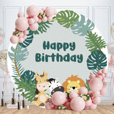 Aperturee - Dark Green Little Jungle Animals Round Birthday Backdrop